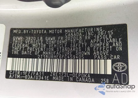 2015 Toyota Corolla L from USA, damaged, VIN 2T1BURHE6FC459405